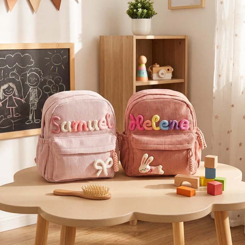 May include: Two corduroy backpacks in light pink and dusty rose. The light pink bag features the name Samuel in pink yarn and a white bow applique. The dusty rose bag features the name Helene in multicolored yarn and a white rabbit applique.