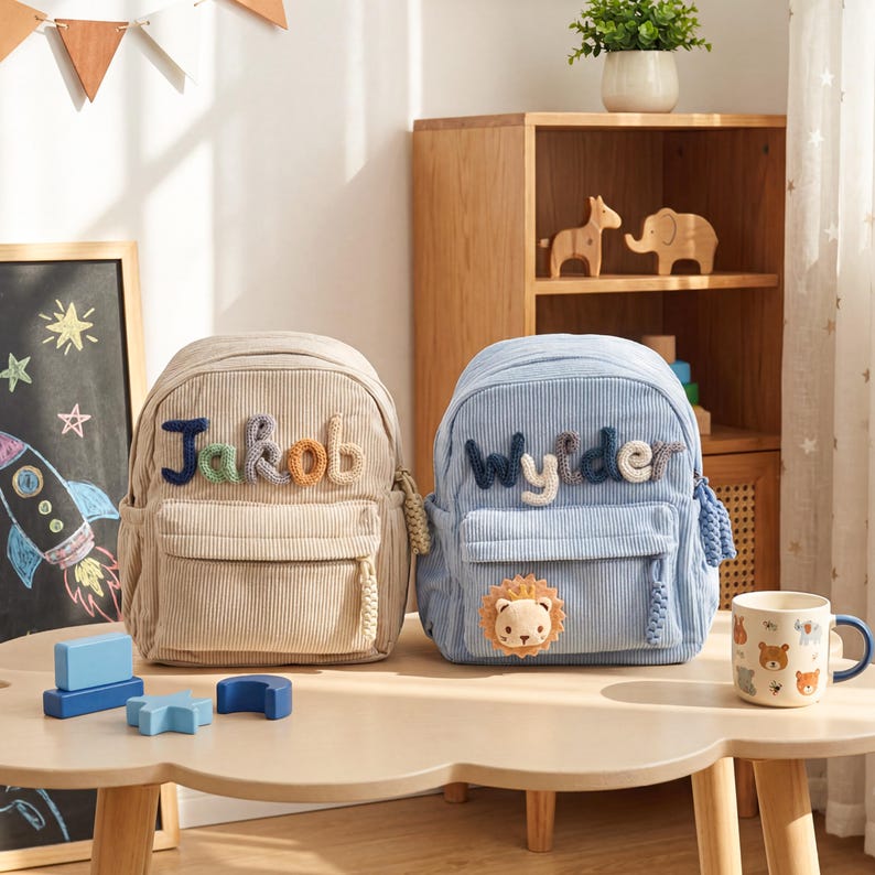 May include: Two corduroy backpacks, one beige and one light blue, featuring personalized names in raised, multi-colored knit lettering. The blue backpack includes a small, plush lion patch on the front pocket, and both bags have matching braided zipper pulls.