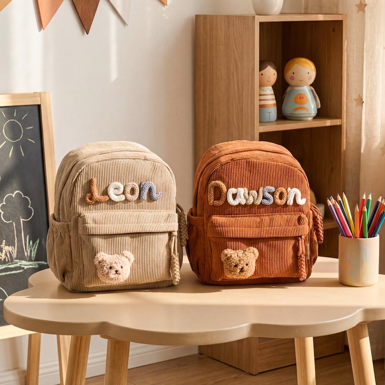 May include: Two corduroy backpacks, one beige and one rust-colored, each featuring a front pocket with a plush bear face appliqu&eacute; and a name embroidered in textured yarn. The beige bag displays the name Leon, and the rust bag displays Dawson.