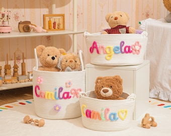 Personalized Baby Name Basket, Handmade Cotton Rope Nursery Storage