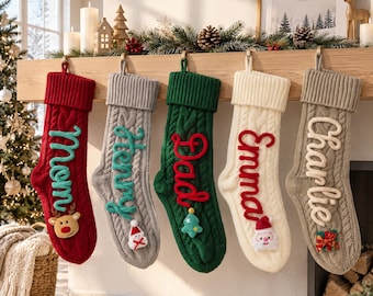 Personalized Knit Christmas Stocking, Custom 3D Yarn Name Stocking, Family Christmas Stocking, Holiday Decor, Christmas Gift