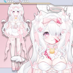 May include: An anime-style illustration of a character with white hair and pink eyes. The character wears a white and pink dress with a bow, a collar with a charm, and has angel wings and a halo. The background is a light pink color.