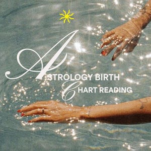 Op de afbeelding: Afbeelding van een digitale PDF astrologie geboortehoroscoop lezing. De afbeelding toont handen die uit het water komen met de tekst "Astrology Birth Chart Reading". De tekst bevat ook "Personalized Self-Discovery Guide | Digital PDF".