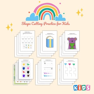 Puede incluir: Una colección de hojas de trabajo imprimibles para practicar el corte de formas para niños. Las hojas de trabajo presentan varias formas, ilustraciones coloridas y el texto "Shape Cutting Practice for Kids" y "Scissor Skills". También hay un arcoíris y estrellas.