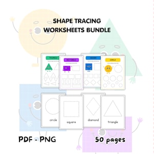 May include: A collection of shape tracing worksheets featuring triangles, rectangles, squares, and circles. The worksheets include the text "SHAPE TRACING WORKSHEETS BUNDLE", "PDF - PNG", and "50 pages".