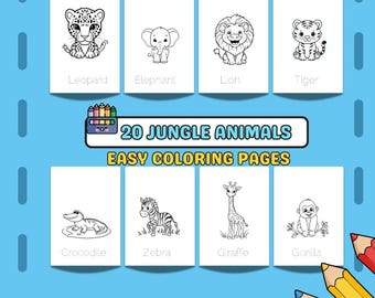 20 páginas para colorear de animales de la selva para niños / PDF imprimible / Actividad para niños pequeños y preescolares / Descarga instantánea