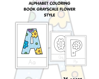 Libro para colorear del alfabeto: letras florales en escala de grises de la A a la Z, PDF imprimible