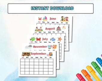 Calendario mensual imprimible para niños 2026: Planificador de aula para educación en casa (descarga digital)