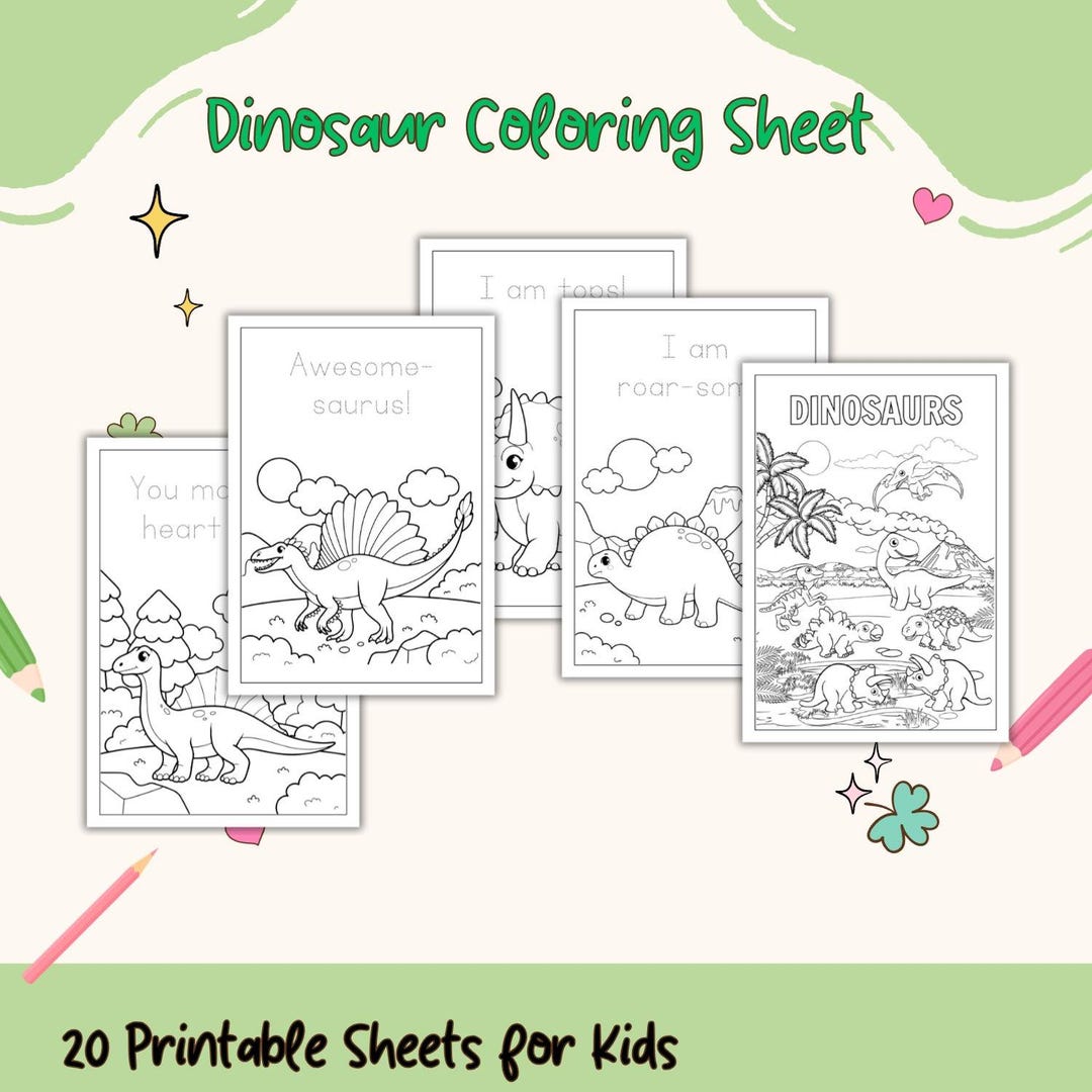 Dinosaur Coloring Pages: 20 Printable Sheets for Kids (PDF) - Etsy
