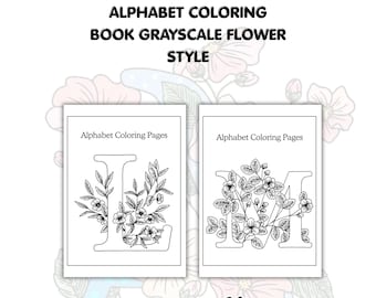 Libro para colorear del alfabeto: Letras florales en escala de grises de la A a la Z (Descargar PDF)