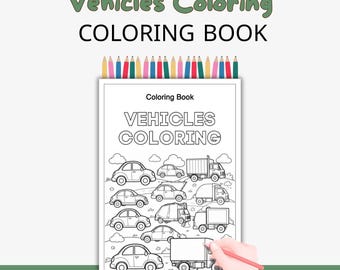 Libro para colorear de vehículos para niños: coches y camiones (PDF imprimible, descarga digital)