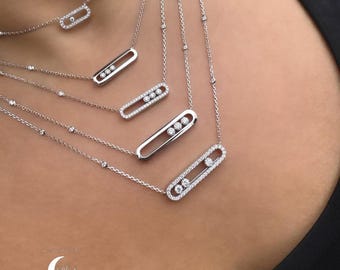 Maravilloso collar de diamantes móviles para ella, collar nupcial de moissanita de corte redondo de 3,0 mm, collar con engaste pavé perfecto en oro blanco macizo de 14 quilates.