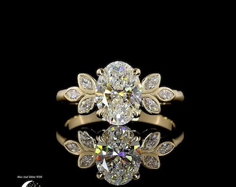 Nature Inspired 2CT Oval Cut Moissanite Proposal Ring, Onside Classic Pear  Diamond As A Leaf In Bezel Set Ring, 18K Yellow Gold Bridal Ring