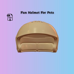 May include: A tan-colored pet helmet with the text "Fun Helmet For Pets" above it. The helmet has a rounded top and protective ear flaps. The background is a gradient of purple and blue.