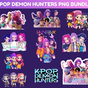 May include: A digital art PNG bundle featuring various K-Pop group illustrations. The images showcase colorful anime-style characters with the text "KPOP DEMON HUNTERS" and "HUNTR/X". The artwork is set against a dark purple background.