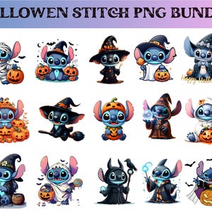 Puede incluir: Una colección de imágenes PNG de Stitch con temática de Halloween. Las imágenes presentan a Stitch disfrazado con varios trajes, incluyendo una momia, una bruja y un mago, con calabazas y decoraciones de Halloween. El texto "HALLOWEEN STITCH PNG BUNDLE" está en la parte superior.