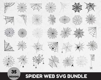 Puede incluir: Una colección de 35 diseños de telarañas en varias formas y estilos. Las telarañas son en blanco y negro, algunas con arañas. El texto "SPIDER WEB SVG BUNDLE" está en la parte inferior.