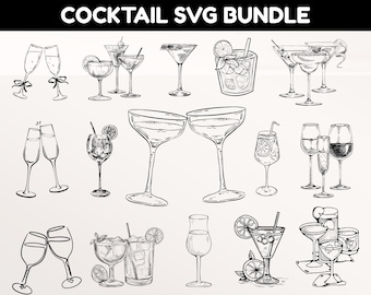 Cocktail Illustrations Bundle SVG,Hand-Drawn Vintage Drink ClipaRT,Line Wedding Cocktails PNG,Cocktails for Cricut, Cocktail Clipart
