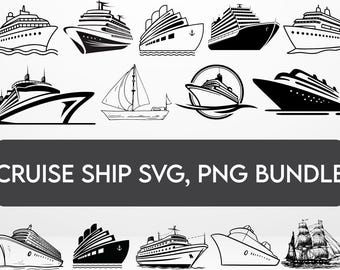May include: A collection of cruise ship illustrations in black and white. The image includes various ship designs, a sailboat, and the text "CRUISE SHIP SVG, PNG BUNDLE" in a dark gray rectangle.