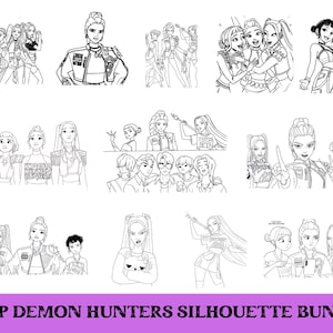 Peut inclure: Ensemble d'illustrations de silhouettes K-pop en noir et blanc. Les images présentent divers groupes et personnages individuels dans des poses dynamiques. Le texte "KPOP DEMON HUNTERS SILHOUETTE BUNDLE" est affiché en bas.