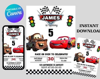 Zaproszenie urodzinowe Cars, Zaproszenie urodzinowe Lightning McQueen, Zaproszenie urodzinowe dla dzieci, Zaproszenie cyfrowe do druku