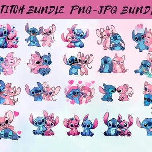 May include: A selection of cartoon illustrations featuring Stitch and Angel in various poses. The images are primarily blue and pink, with hearts and floral accents. The text "STITCH BUNDLE PNG-JPG BUNDLE" is at the top.