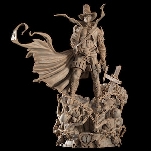 Puede incluir: Estatua detallada de un personaje con sombrero y capa, sosteniendo un arma, de pie sobre una base rocosa con una cruz. La figura es de color beige con detalles intrincados, sobre un fondo negro. El texto "OM" es visible en la capa.