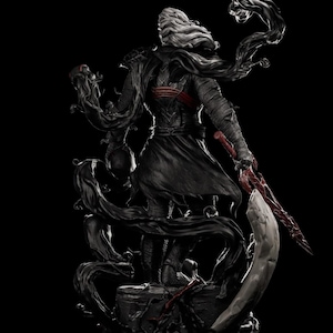May include: A detailed statue of a figure in dark attire, holding a blood-red sword and a skull. The figure has long, flowing white hair and is surrounded by dark, swirling tendrils. The statue is on a stone base.