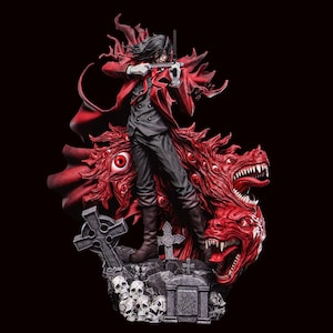 Puede incluir: Figura detallada de un personaje con abrigo rojo, pantalones negros y botas, sosteniendo un arma. La figura se alza sobre una criatura monstruosa roja con múltiples ojos y bocas, con una escena de cementerio en la base. Se ven calaveras y lápidas.