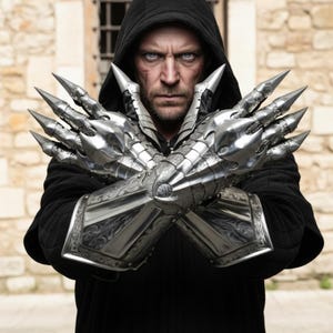 Guantes de guantelete grabados Nazgul, armadura medieval plateada, protectores de manos de acero de fantasía gótica para LARP, cosplay y disfraz de Halloween.