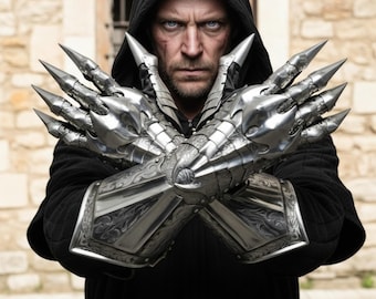 Nazgul Etched Gauntlet Gloves Silver Medieval Armor, Gothic Fantasy Steel Hand Guards for LARP Cosplay and Halloween Costume
