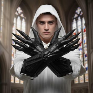 Peut inclure: Gants noirs en forme de griffes avec des détails complexes, croisés devant une personne vêtue d'un vêtement à capuche blanc. Les gants ont de longues pointes acérées. En arrière-plan, une église avec des vitraux.