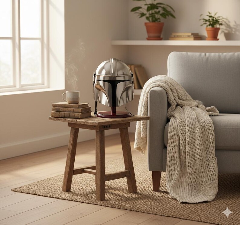 Op de afbeelding: Een zilveren Mandalorian helm replica op een rode standaard staat op een kleine houten tafel. Een stapel boeken en een mok staan ook op de tafel. De sc&egrave;ne speelt zich af in een lichte kamer met een raam en een bank.