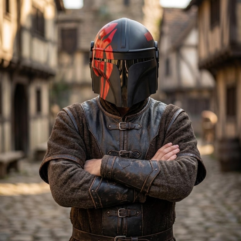 May include: A black helmet with red accents, worn with a brown and black leather jacket. The helmet has a visor and a design on the top and front. The jacket has a leather front with buckles and a brown fabric body. The person's arms are crossed.