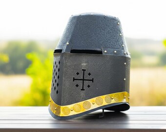 Handmade Templar Crusader Helmet, Black Great Helm Steel Full Face Knight Helmet for LARP, Cosplay and Gift  for Him