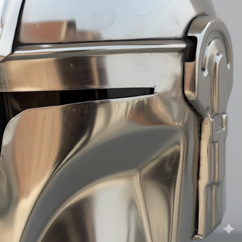 Op de afbeelding: Close-up van een metallic zilveren helm met een reflecterend oppervlak. De helm heeft een vizier en een gedetailleerd ontwerp, wat wijst op een futuristisch of sciencefiction thema. Het oppervlak van de helm vertoont lichte slijtage.