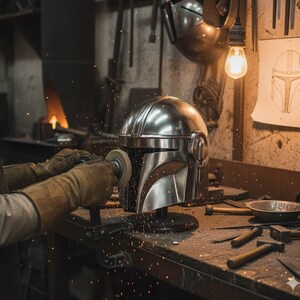 Op de afbeelding: Een glanzende, zilveren Mandalorian helm wordt in een werkplaats gepolijst. Vonken vliegen terwijl de helm met een elektrisch gereedschap wordt gepolijst. De werkplaats heeft gereedschap en een blauwdruk van de helm aan de muur.