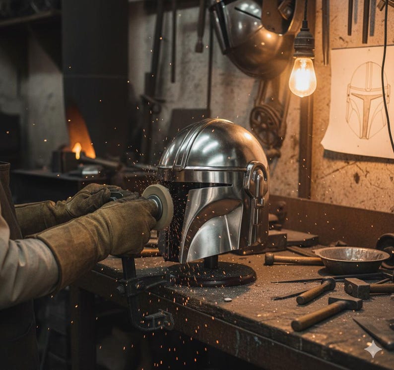 Op de afbeelding: Een glanzende, zilveren Mandalorian helm wordt in een werkplaats gepolijst. Vonken vliegen terwijl de helm met een elektrisch gereedschap wordt gepolijst. De werkplaats heeft gereedschap en een blauwdruk van de helm aan de muur.
