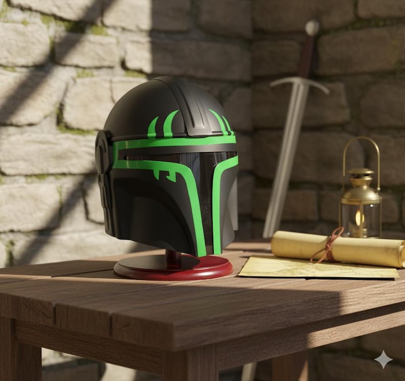 May include: A black helmet with green accents, displayed on a red stand. The helmet has a visor and is set on a wooden table with a sword, lantern, and scroll in the background. The helmet is a cosplay item.