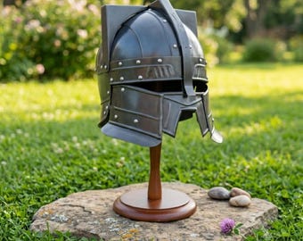 Medieval Bascinet Helmet with Riveted Visor | Steel Knight Armor Helmet on Display Stand | LARP SCA HEMA Reenactment Cosplay