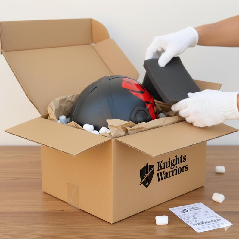 May include: A black helmet with red accents is nestled in a cardboard box with packing materials. The box is labeled "Knights Warriors". The helmet is being carefully packaged with foam.