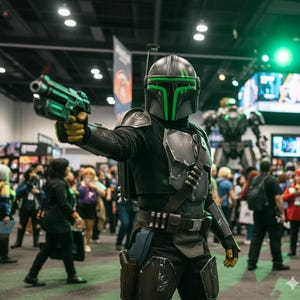 May include: A person in a Mandalorian costume, holding a green and black blaster. The helmet is black with green accents. The costume includes armor, a utility belt, and gloves. The background shows a convention setting with other people.