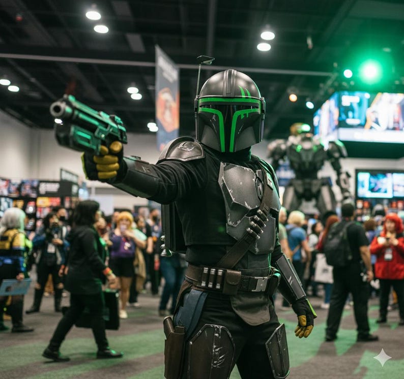 May include: A person in a Mandalorian costume, holding a green and black blaster. The helmet is black with green accents. The costume includes armor, a utility belt, and gloves. The background shows a convention setting with other people.