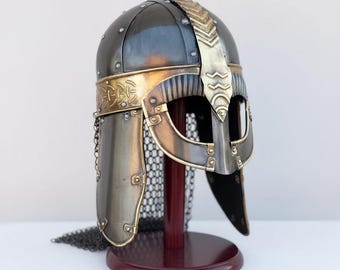 Gjermundbu Viking Helmet with Chainmail Aventail, Wearable Medieval Norse Battle Helmet LARP Armor for Cosplay and Decor