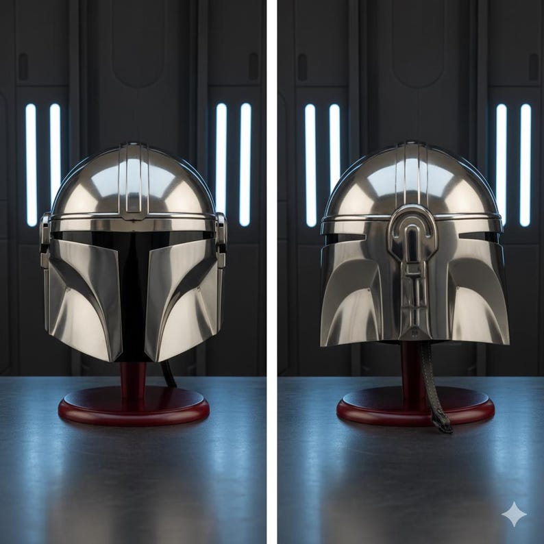 Op de afbeelding: Twee gepolijste zilveren Mandalorian helmen worden gepresenteerd op rode standaards. De helmen hebben een strakke, metalen afwerking met kenmerkende vizier vormen en ingewikkelde details. De achtergrond is donkergrijs met verticale witte lichten.