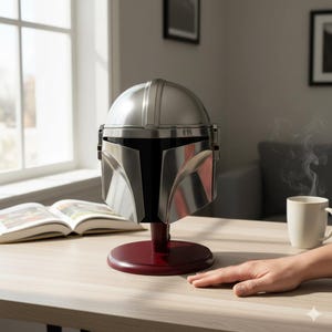 Op de afbeelding: Een zilverkleurige Mandalorian helm op een bordeauxrode standaard. De helm heeft een glanzend oppervlak en staat op een tafel. Op de achtergrond zijn een raam, een boek en een kopje koffie te zien.