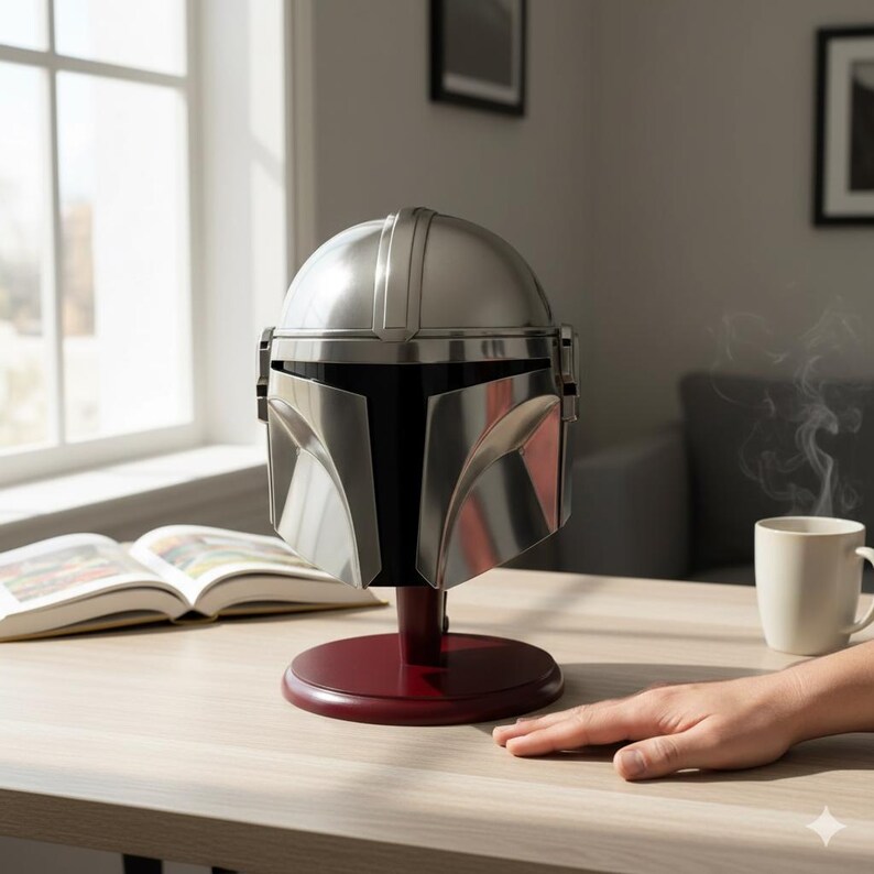 Op de afbeelding: Een zilverkleurige Mandalorian helm op een bordeauxrode standaard. De helm heeft een glanzend oppervlak en staat op een tafel. Op de achtergrond zijn een raam, een boek en een kopje koffie te zien.