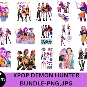 May include: A collection of digital art featuring K-Pop-inspired characters in various poses and outfits. The designs showcase a vibrant color palette with dynamic compositions. Text on the image reads "KPOP DEMON HUNTER" and "BUNDLE-PNG, JPG".