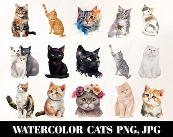 Watercolor Cat Clipart Bundle: Coquette Pet PNG Designs (Digital Download)