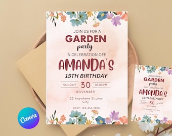 Wildflower Garden Birthday Invitation, Editable Floral Canva Template "Digital Download"